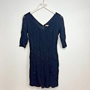 Banana Factory Mini Dress Black Solid Lace 3/4 Sleeve V Neck Zip Short Womens 2